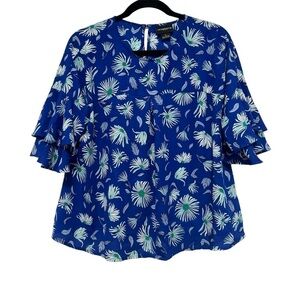 Liz Claiborne‎ Career Blue Floral Ruffle Sleeve Blouse